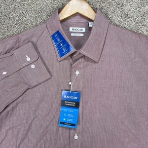 Haggar Shirt Mens 17 17.5 32-33 Red Dress Long Sleeve Button Down Slim Fit NEW